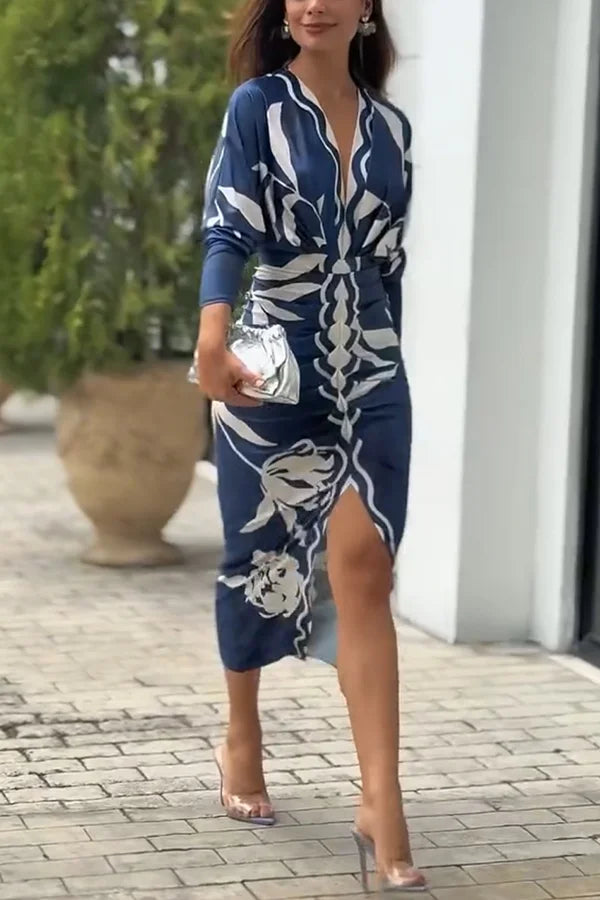 Women’s V-Neck Printed Ruched Midi Dress with Split