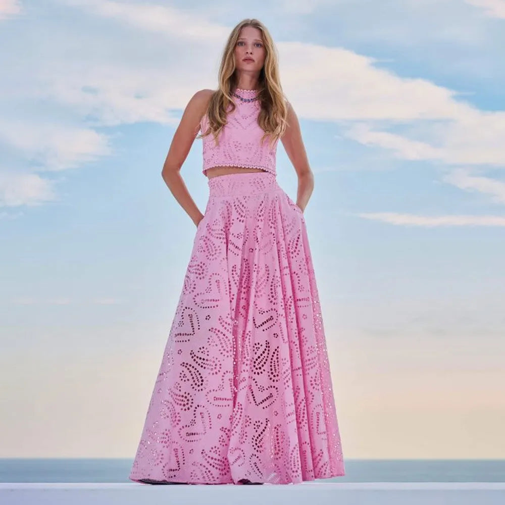 Women’s Embroidered High-Neck Crop Top Two Piece Set with A-Line Maxi Skirt