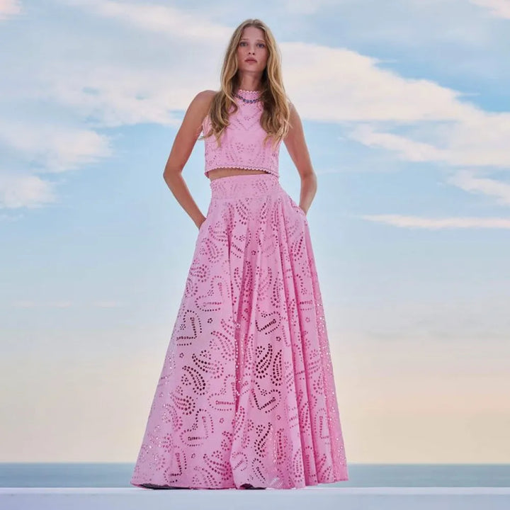 Women’s Embroidered High-Neck Crop Top Two Piece Set with A-Line Maxi Skirt