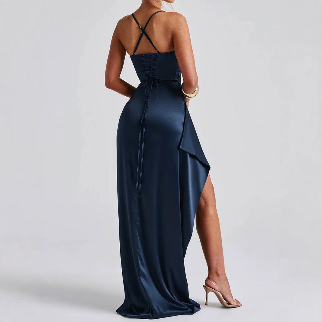 Women’s Satin Maxi Cocktail Dress with Spaghetti Straps and Side Slit