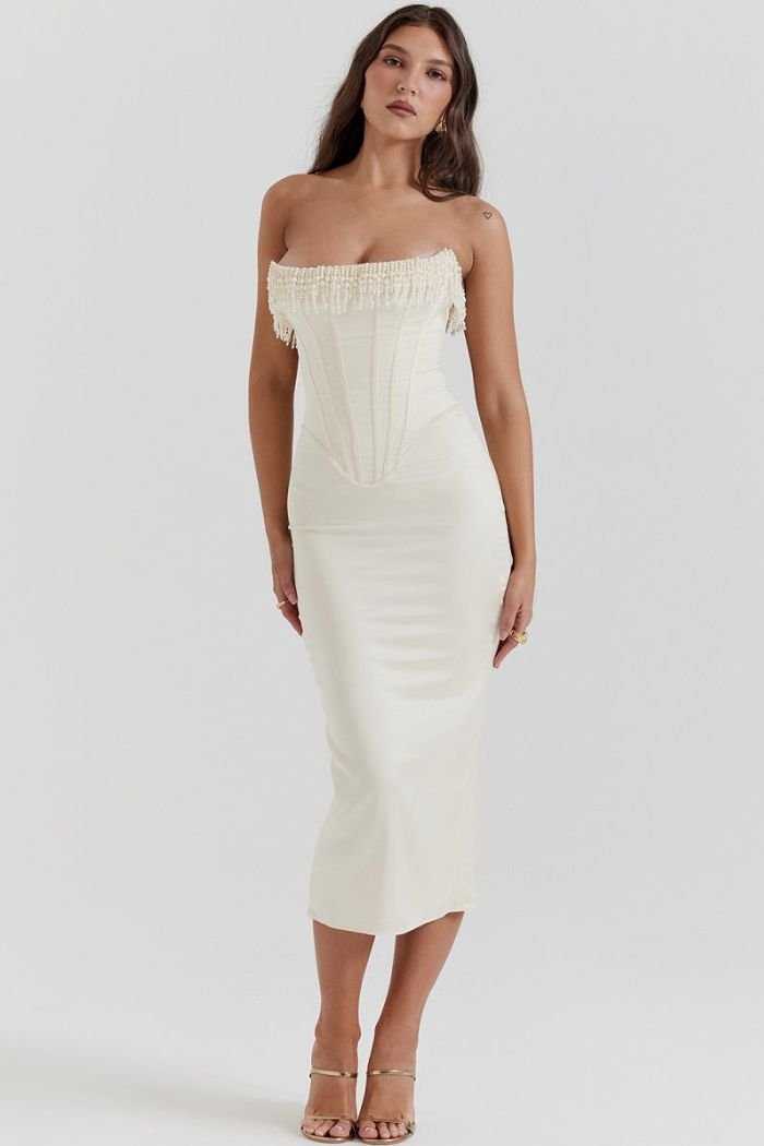 Women’s Strapless Corset Midi Dress with Embellished Edge