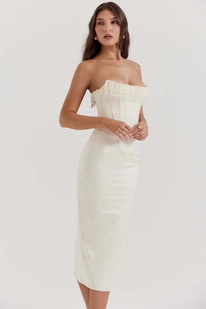 Women’s Strapless Corset Midi Dress with Embellished Edge