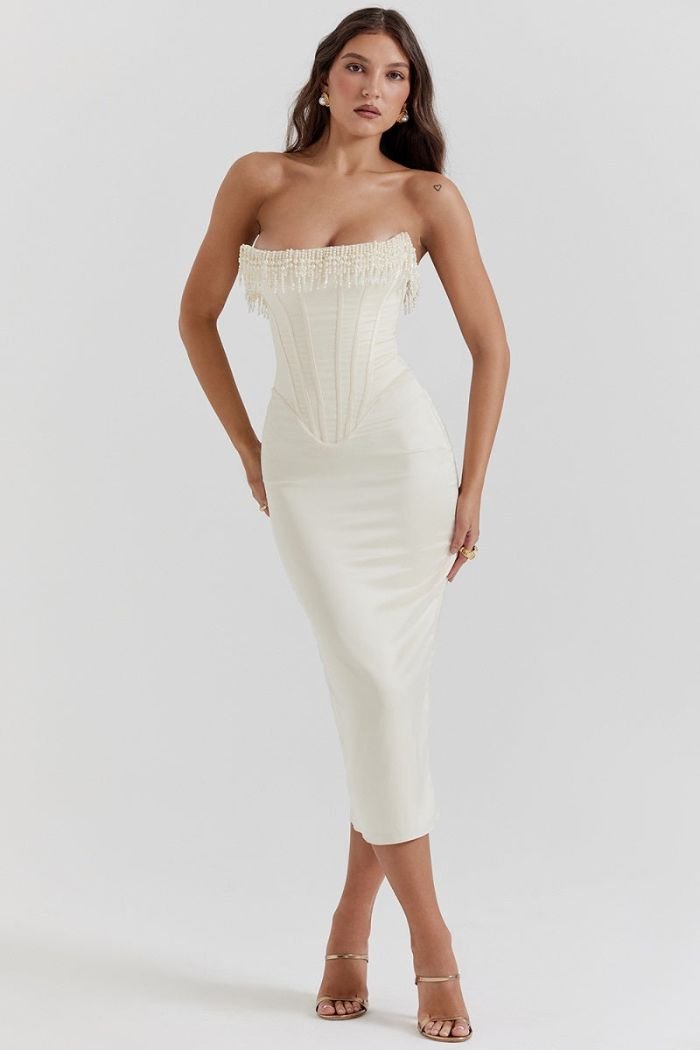 Women’s Strapless Corset Midi Dress with Embellished Edge