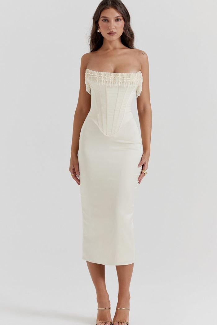 Women’s Strapless Corset Midi Dress with Embellished Edge