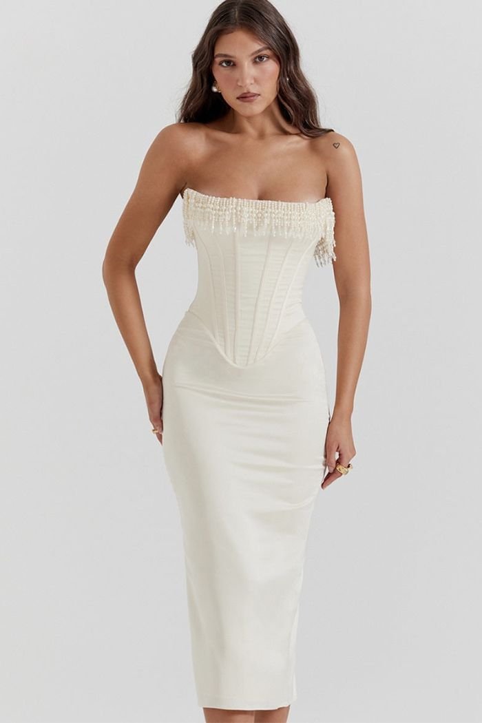 Women’s Strapless Corset Midi Dress with Embellished Edge