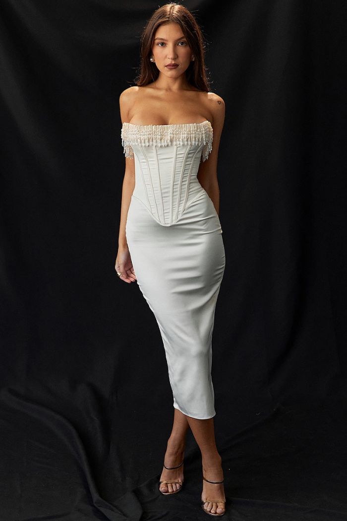 Women’s Strapless Corset Midi Dress with Embellished Edge