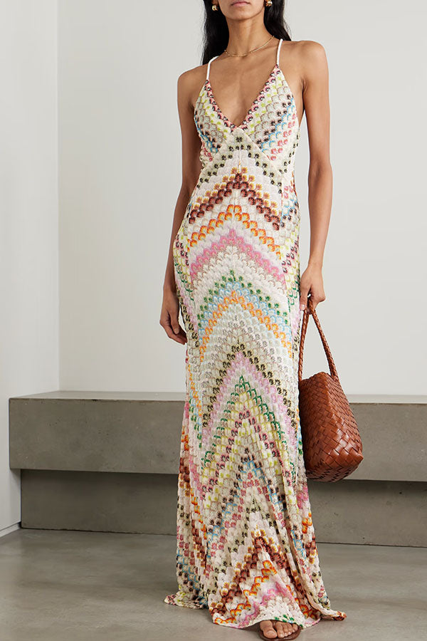Women’s Chevron Knit Maxi Dress with Spaghetti Straps