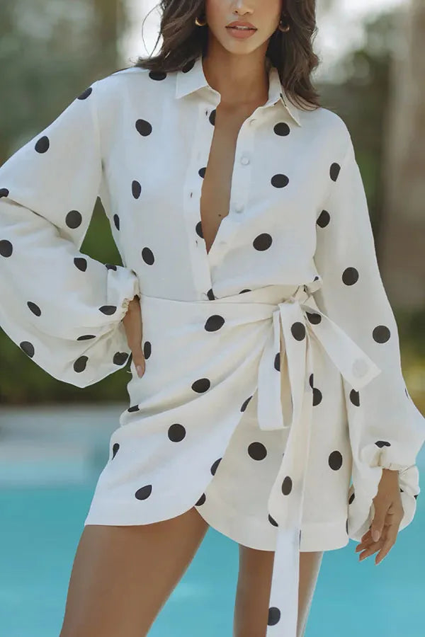 Women’s Polka Dot Buttoned Balloon Sleeve V-Neck Top Two Piece Set with Wrap Mini Skirt