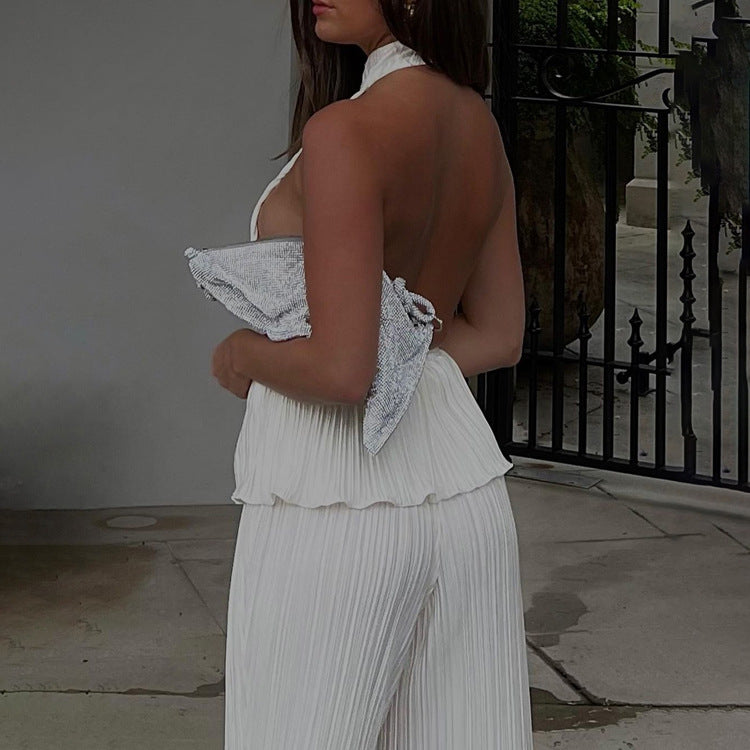 Women’s Pleated Backless Halter Tiered Top Two Piece Set with Wide Leg Summer Pants