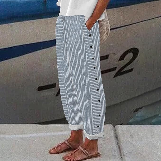 Women’s Striped Wide Leg Pants with Button-Accent