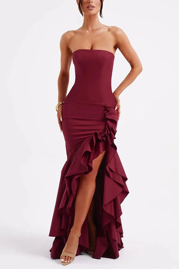 Women’s Strapless Ruffle Corset Maxi Dress with Asymmetrical Hem