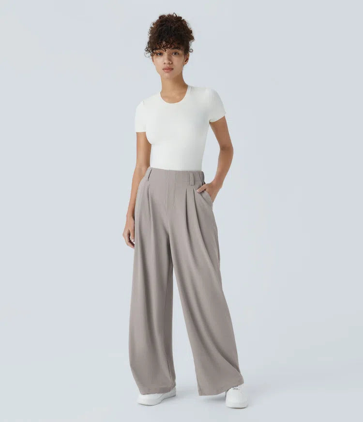 Women’s Pleated High-Rise Waist Trousers with Wide Legs