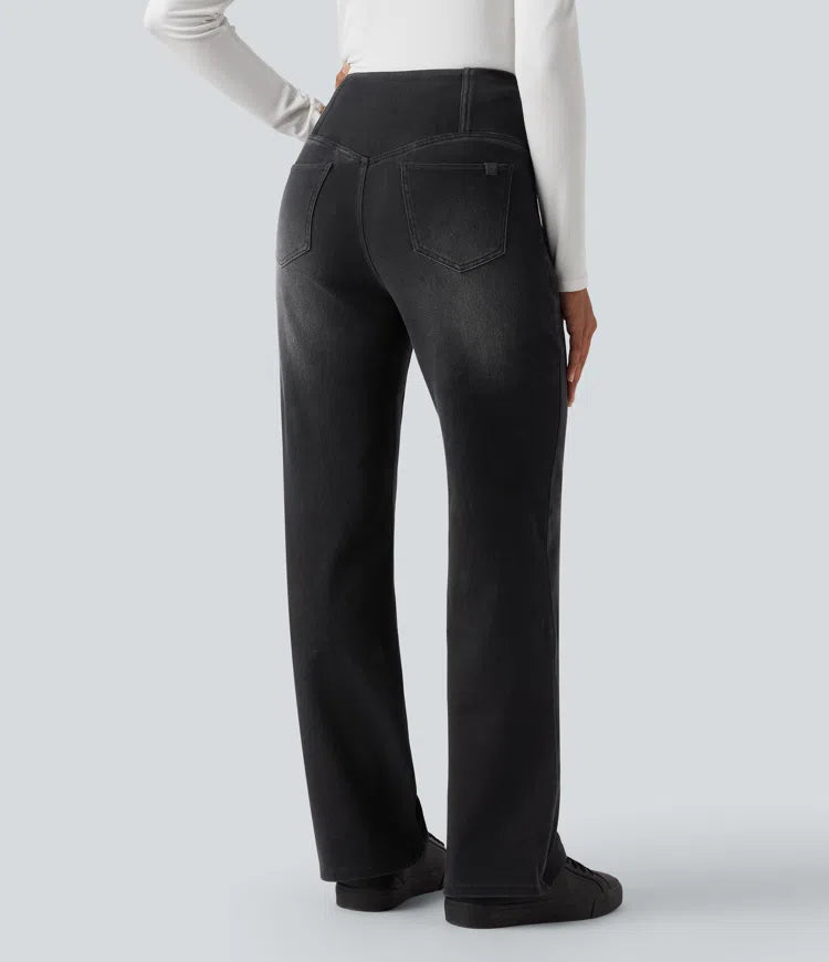 Women’s Crossover High Waisted Tummy Control Jeans with Straight Legs and Pockets
