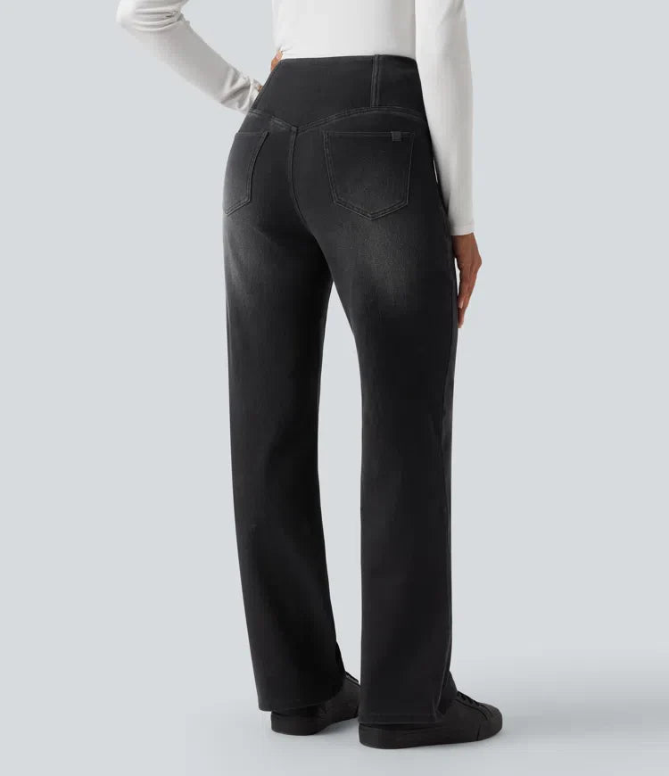 Women’s Crossover High Waisted Tummy Control Jeans with Straight Legs and Pockets