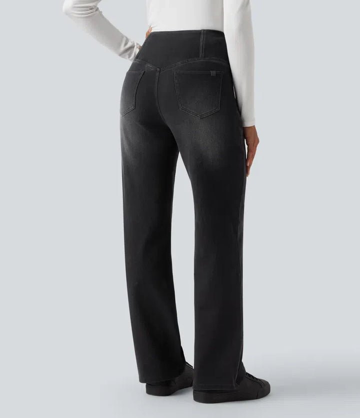Women’s Crossover High Waisted Tummy Control Jeans with Straight Legs and Pockets