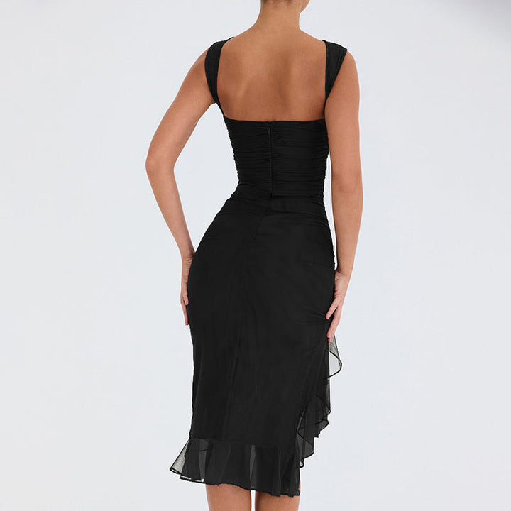 Women’s Ruched Sleeveless Midi Dress with Asymmetric Ruffle Hem
