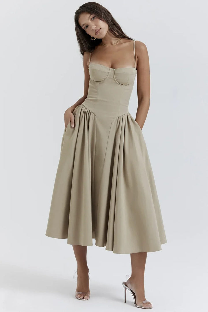 Women’s Bustier Midi Dress with Full Gathered Skirt