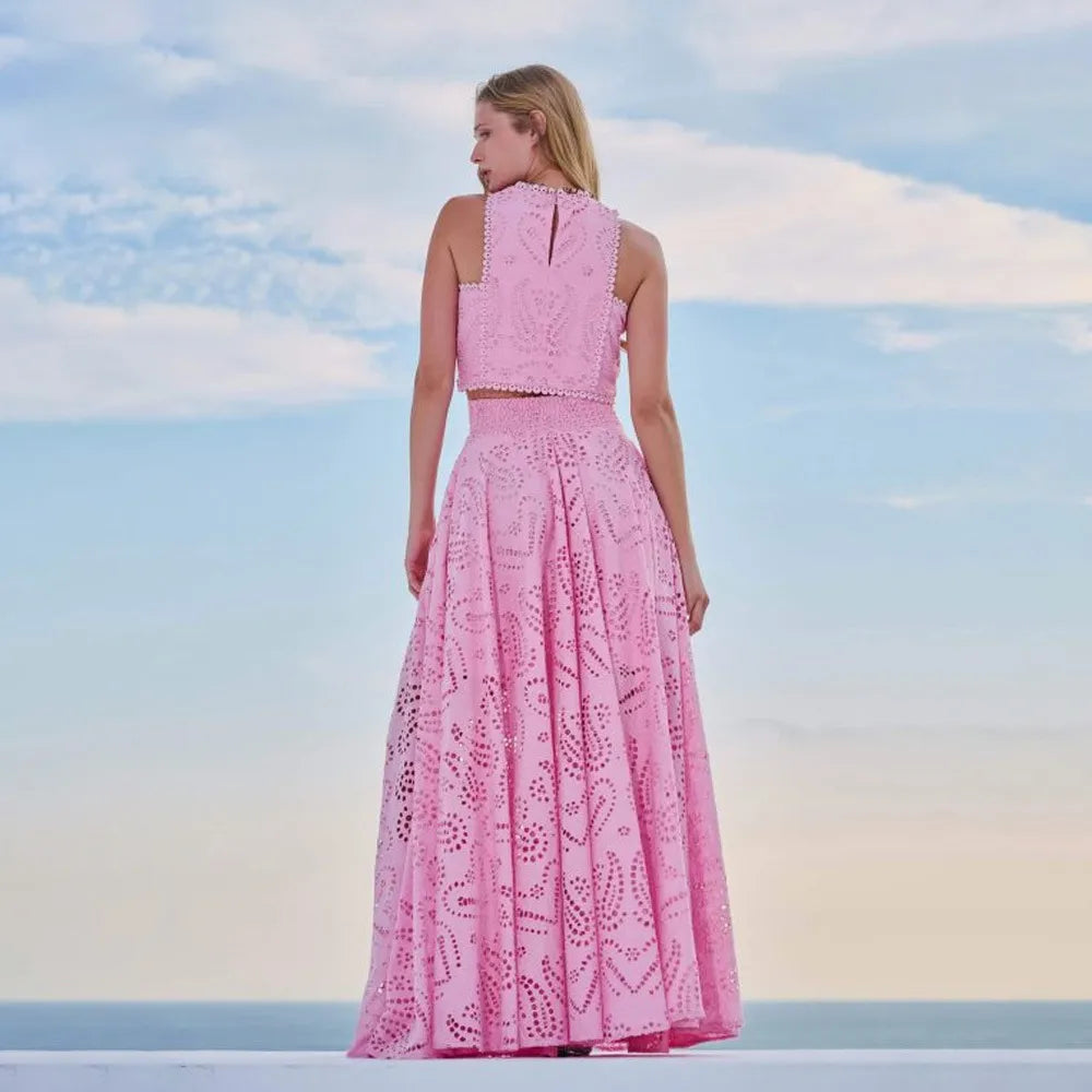 Women’s Embroidered High-Neck Crop Top Two Piece Set with A-Line Maxi Skirt