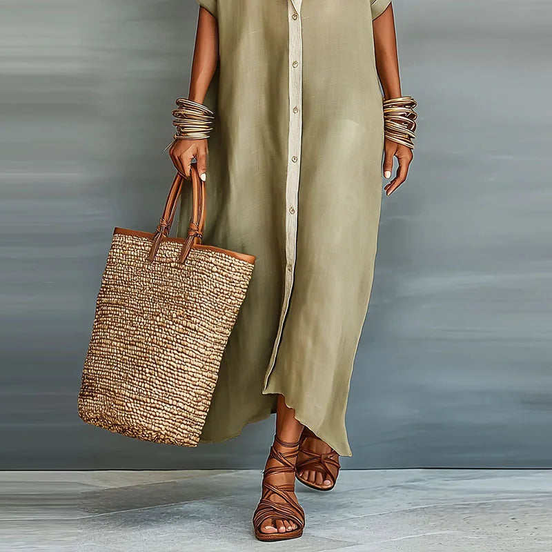 Sundress Collared Maxi Dress Resort Wear with Short Sleeve