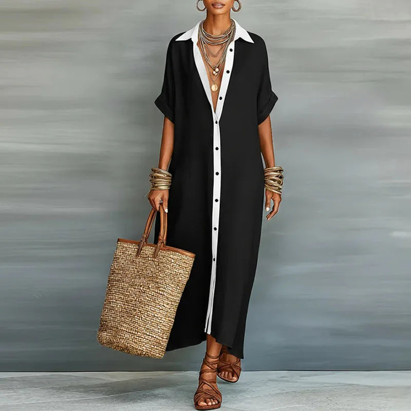 Sundress Collared Maxi Dress Resort Wear with Short Sleeve