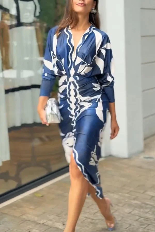 Women’s V-Neck Printed Ruched Midi Dress with Split