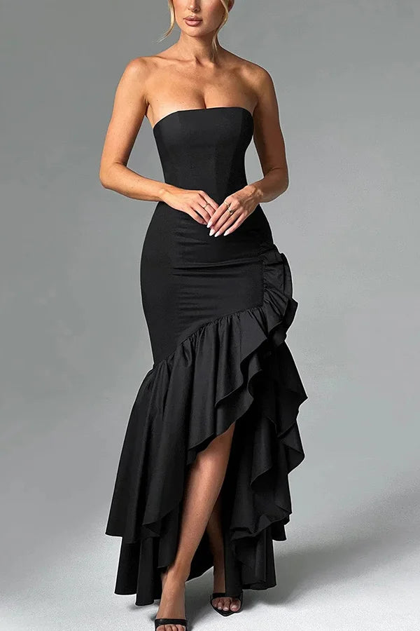Women’s Strapless Ruffle Corset Maxi Dress with Asymmetrical Hem