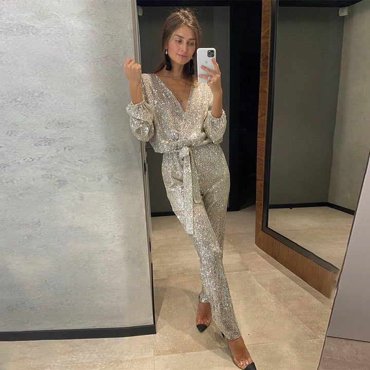 Women’s V-Neck Shimmering Evening Jumpsuit with Waist Tie