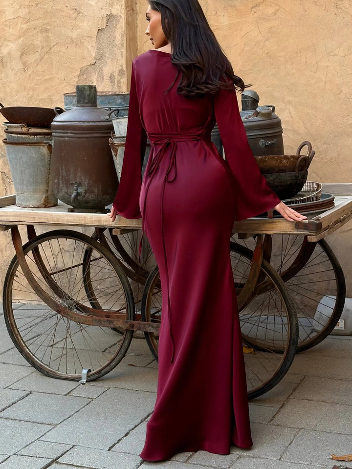 Women’s Satin Lace-Up Waist Maxi Dress with Long Fluted Sleeves