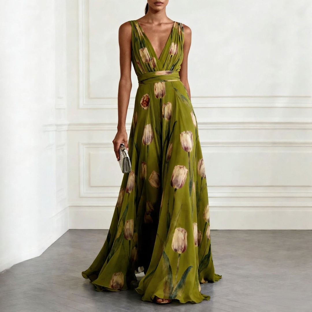 Women's Tulip Print Wrap V-Neck Sleeveless Maxi Dress