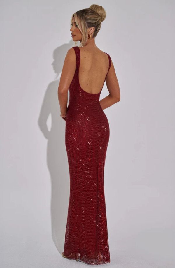 Women’s Square-Neck Embellished Maxi Dress with Open Back