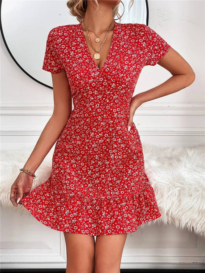 Women’s V-neck Floral Mini Dress with Puff Sleeves