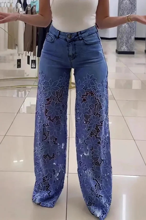 Women’s Floral Lace High Waist Pants with Wide-Leg