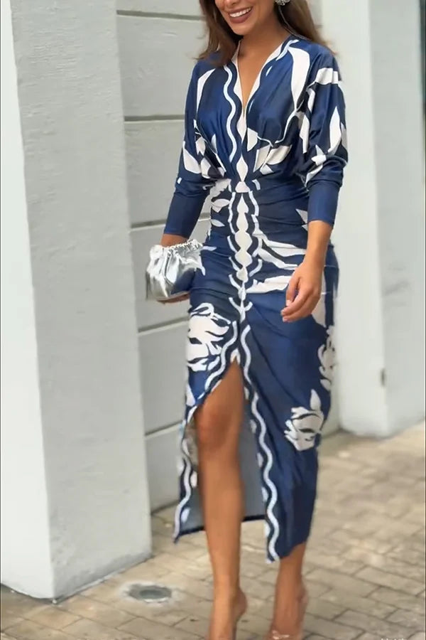 Women’s V-Neck Printed Ruched Midi Dress with Split