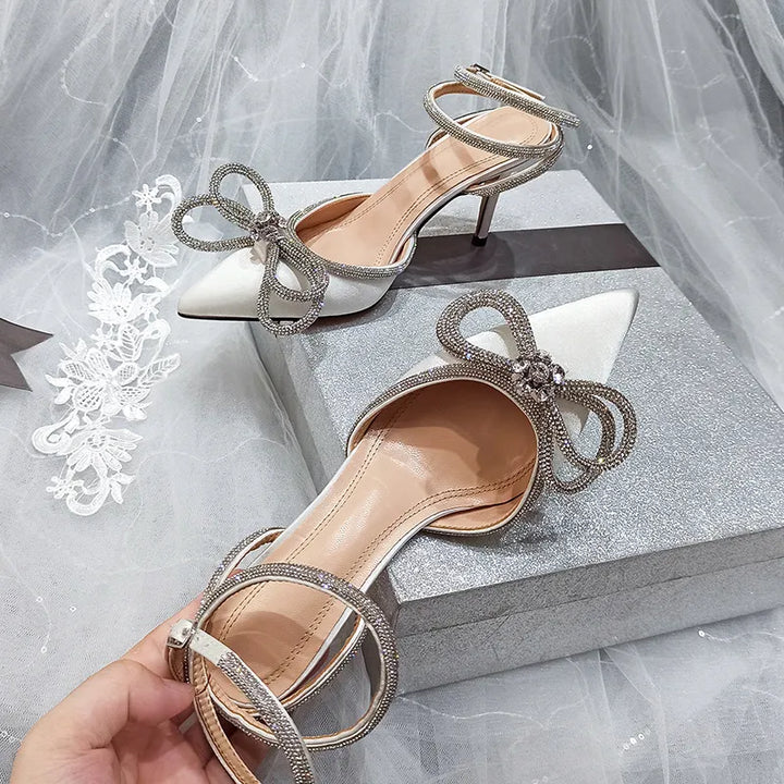 Women’s Rhinestone Bow Pointed Toe Stiletto Heels with Ankle Strap