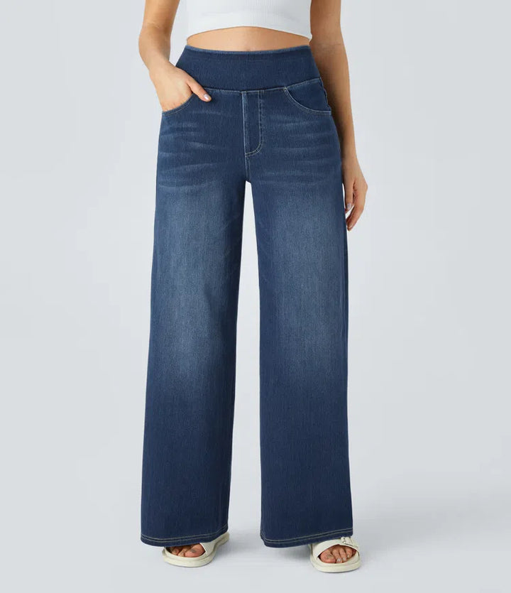 Women’s High Waist Denim Pants with Wide Legs and Waistband