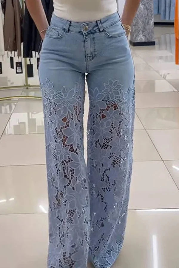 Women’s Floral Lace High Waist Pants with Wide-Leg
