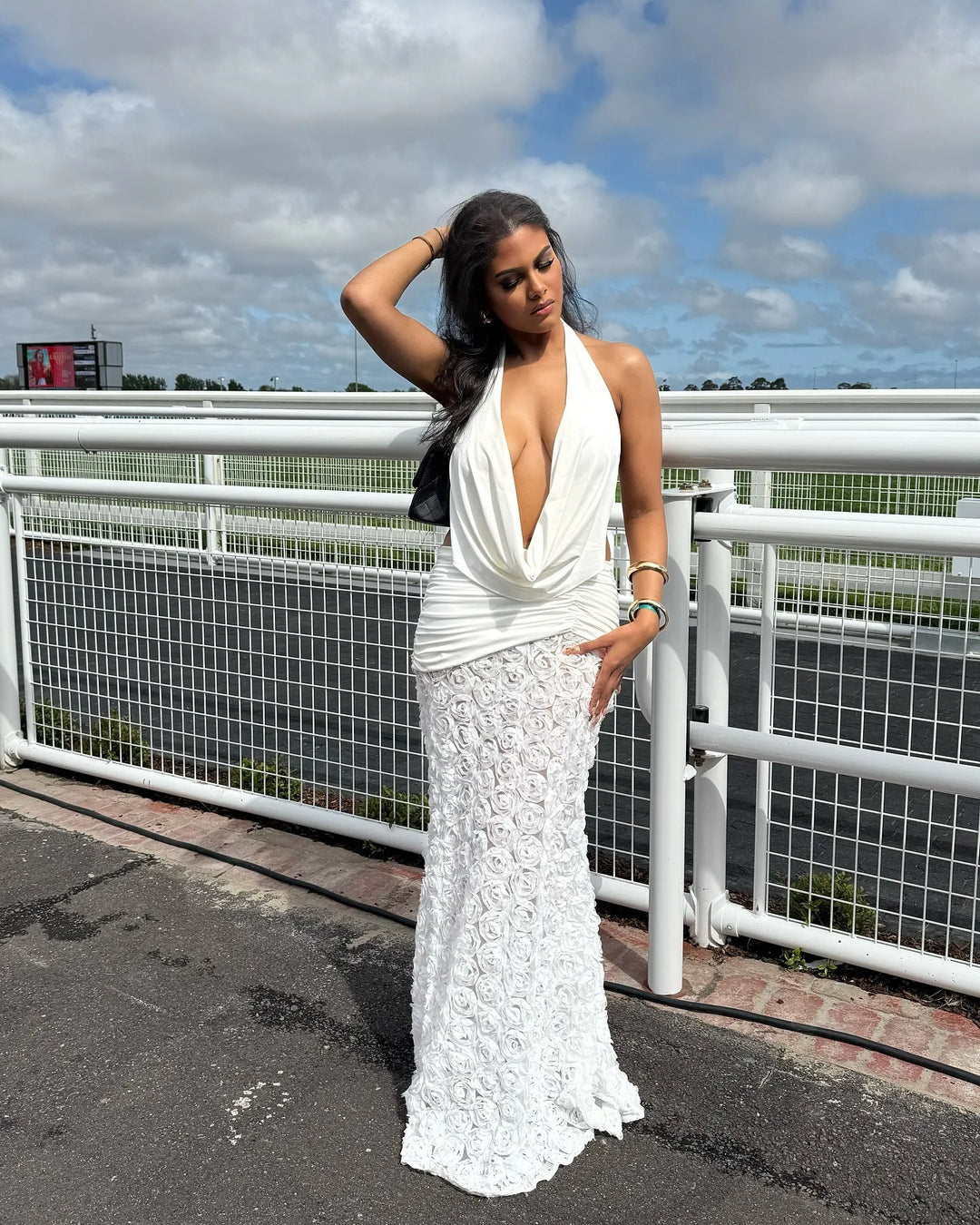 Women’s Halter Cowl-Front Floral Maxi Dress with Open Back