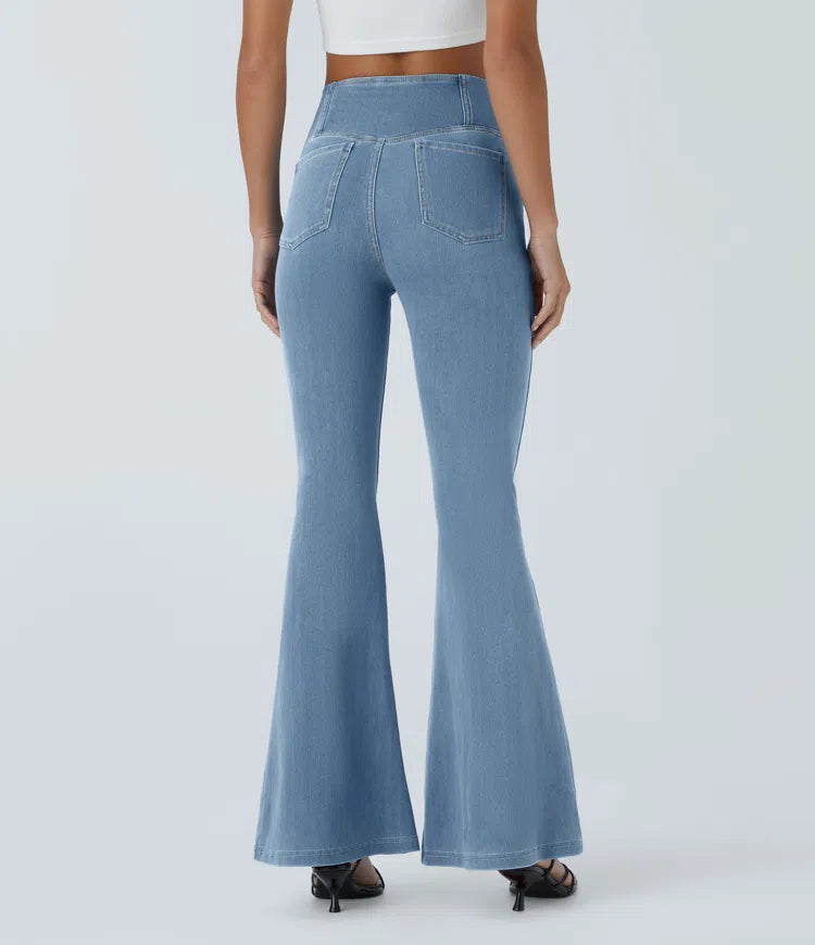 Women’s Flare Pants with High-Rise Crossover Waist and Pockets