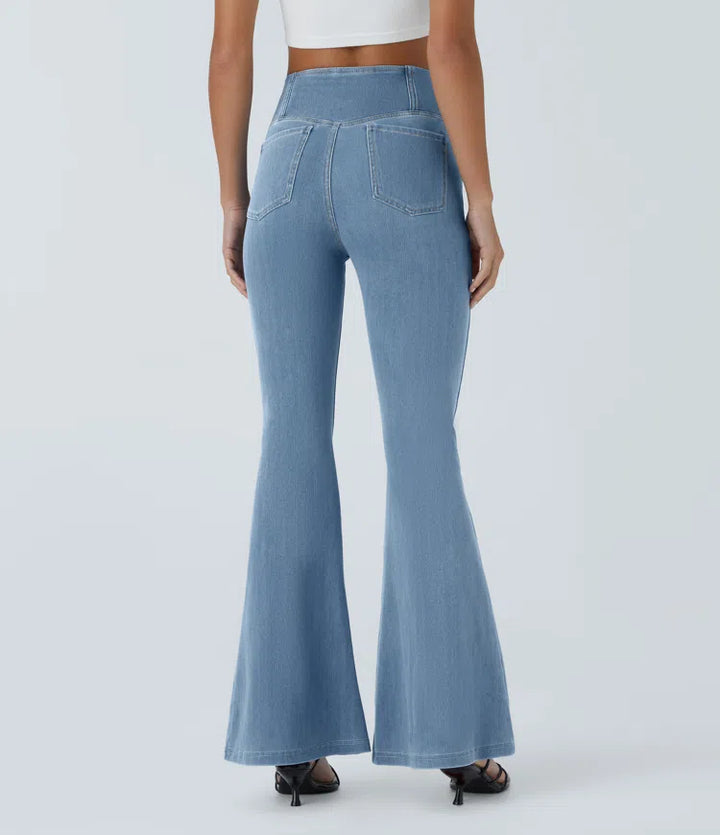 Women’s Flare Pants with High-Rise Crossover Waist and Pockets