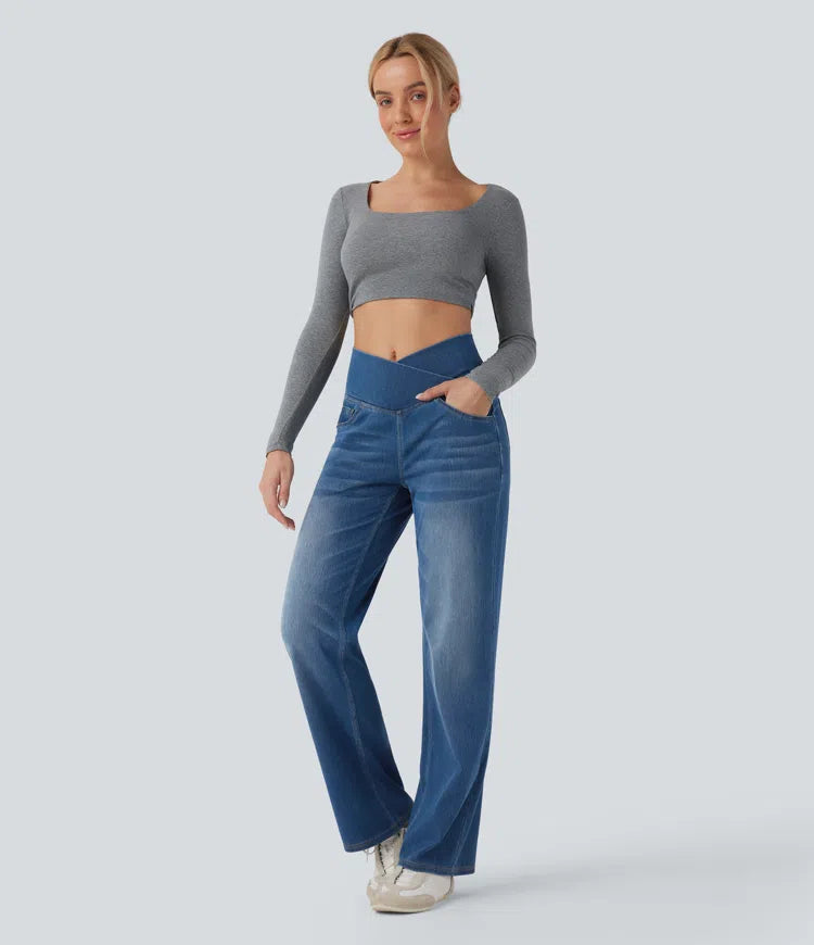 Women’s Crossover High Waisted Tummy Control Jeans with Straight Legs and Pockets