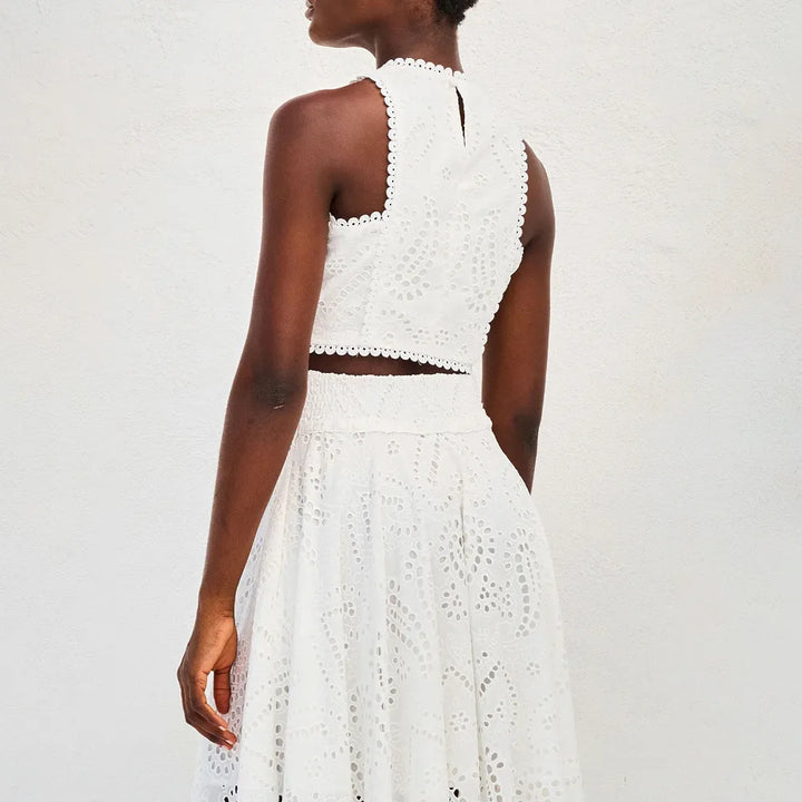 Women’s Embroidered High-Neck Crop Top Two Piece Set with A-Line Maxi Skirt