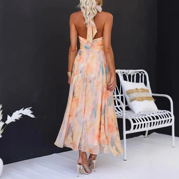 Women’s Halter A-Line Midi Dress with Fitted Waistband