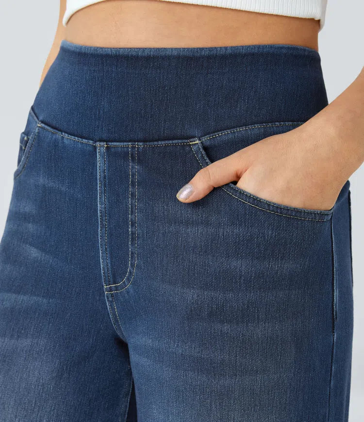 Women’s High Waist Denim Pants with Wide Legs and Waistband
