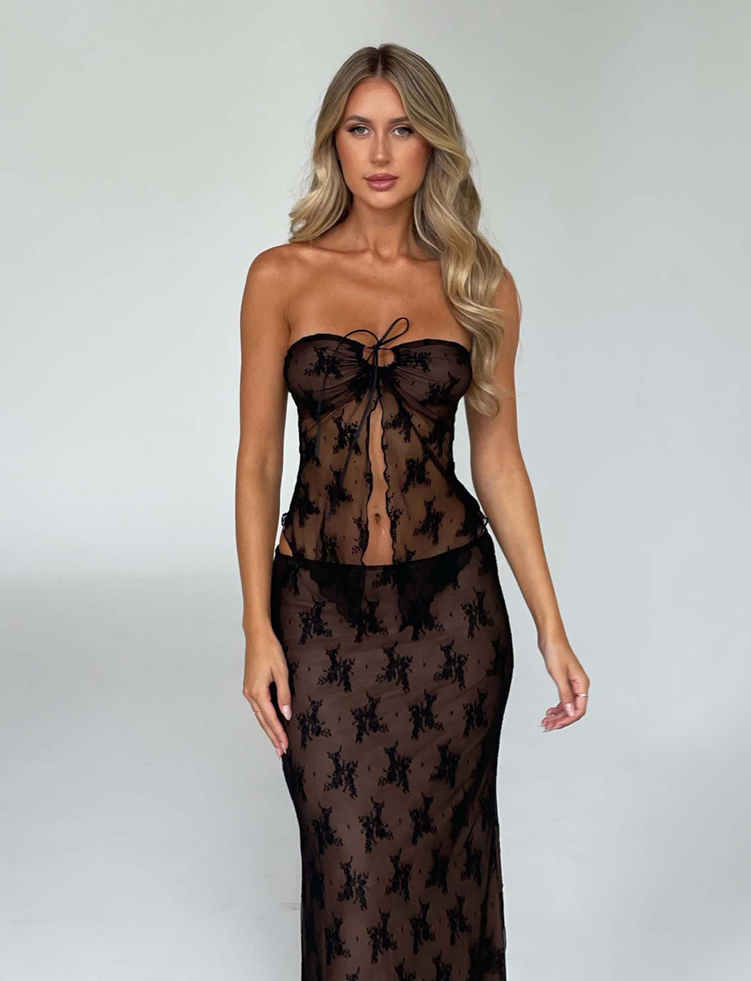 Women’s Strapless Sheer Lace Two-Piece Set with Maxi Skirt