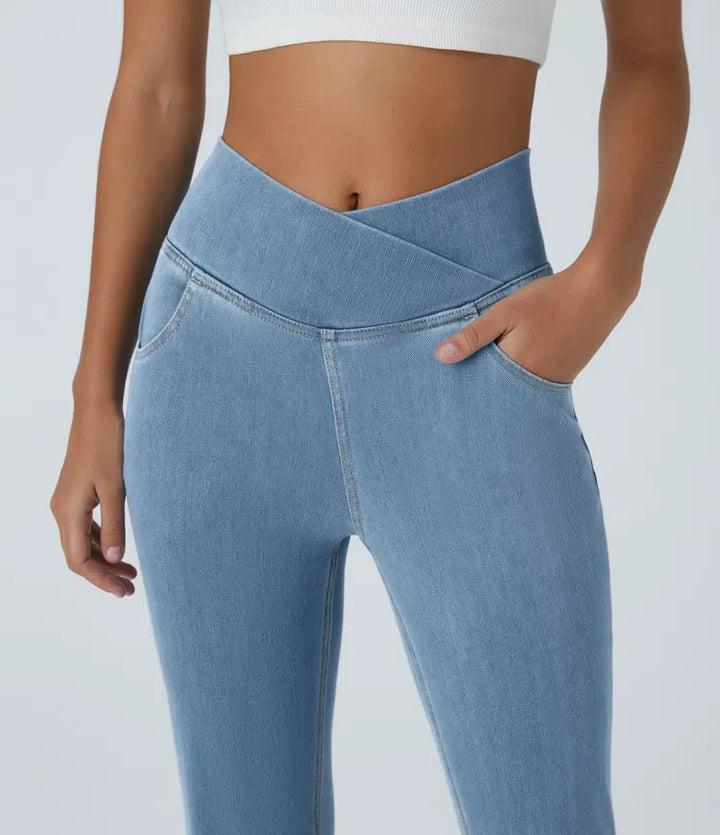 Women’s Flare Pants with High-Rise Crossover Waist and Pockets