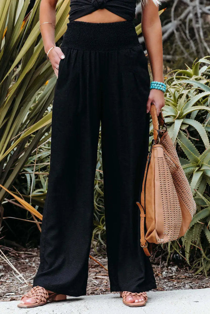Women’s High Waist Linen Palazzo Wide-Leg Pants with Waistband