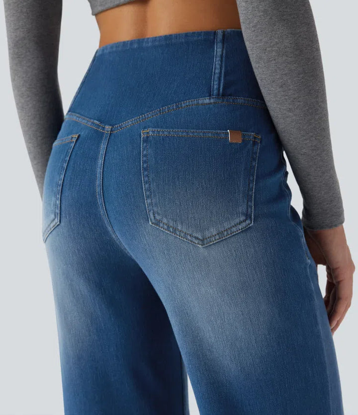 Women’s Crossover High Waisted Tummy Control Jeans with Straight Legs and Pockets