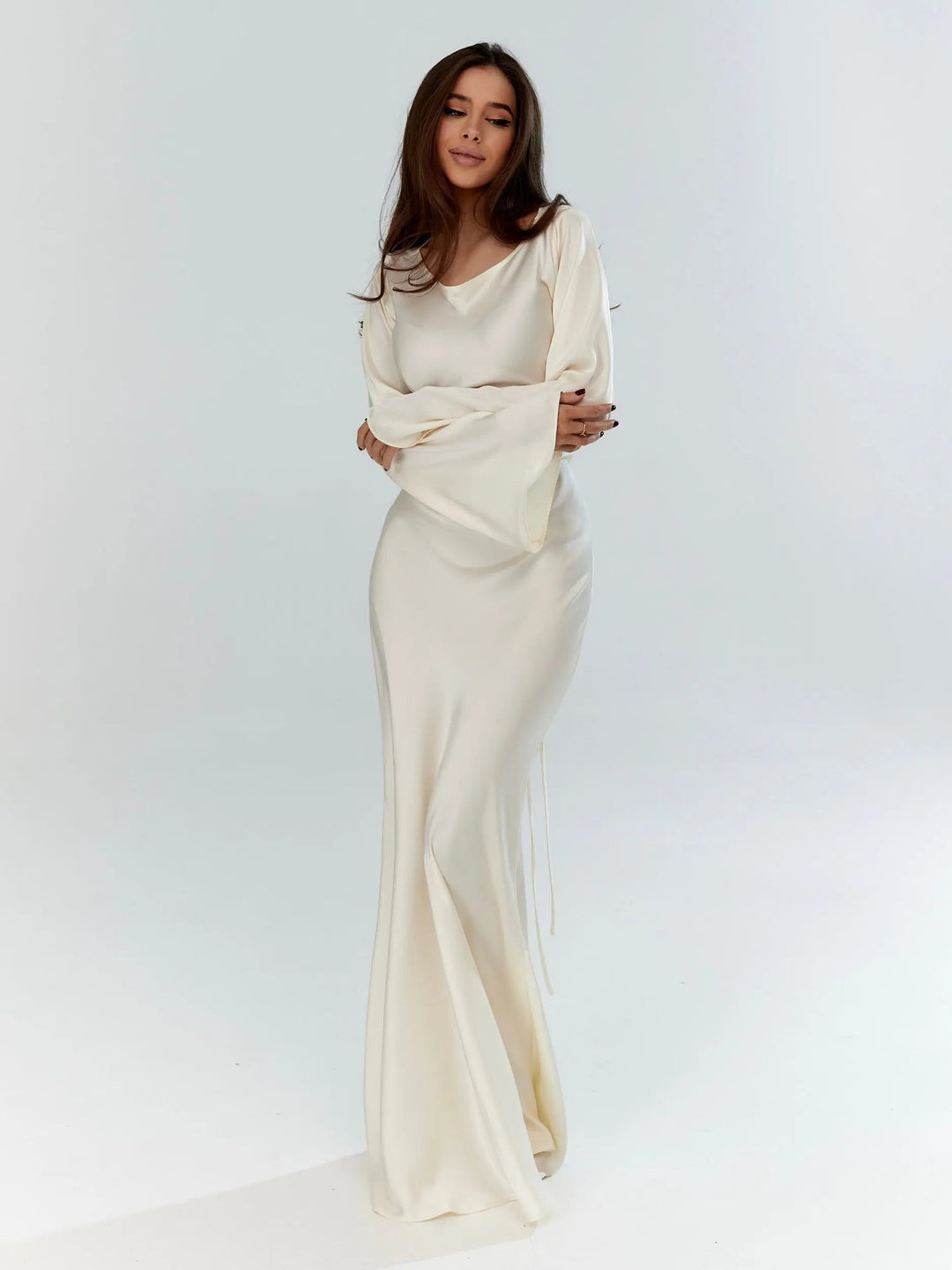 Women’s Satin Lace-Up Waist Maxi Dress with Long Fluted Sleeves