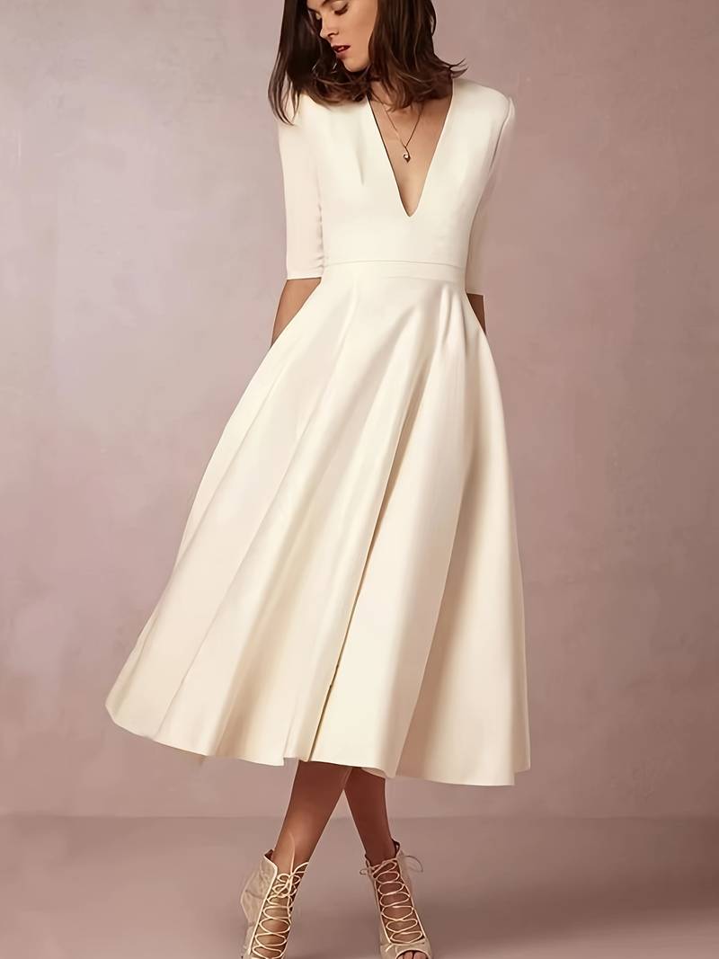 Women’s V-neck Midi Dress with A-line Skirt and Three Quarter Sleeves