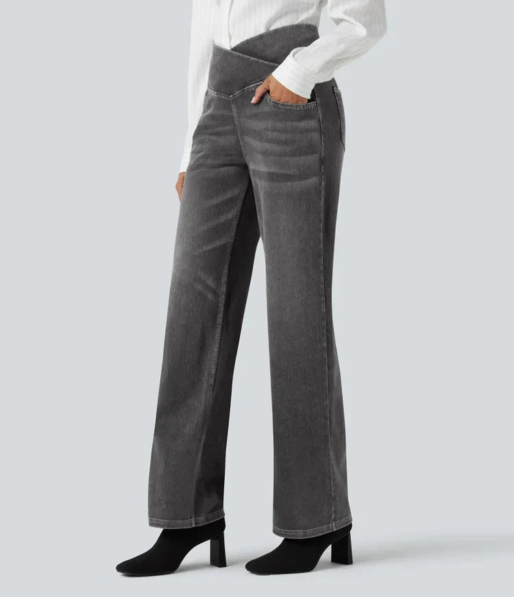 Women’s Crossover High Waisted Tummy Control Jeans with Straight Legs and Pockets